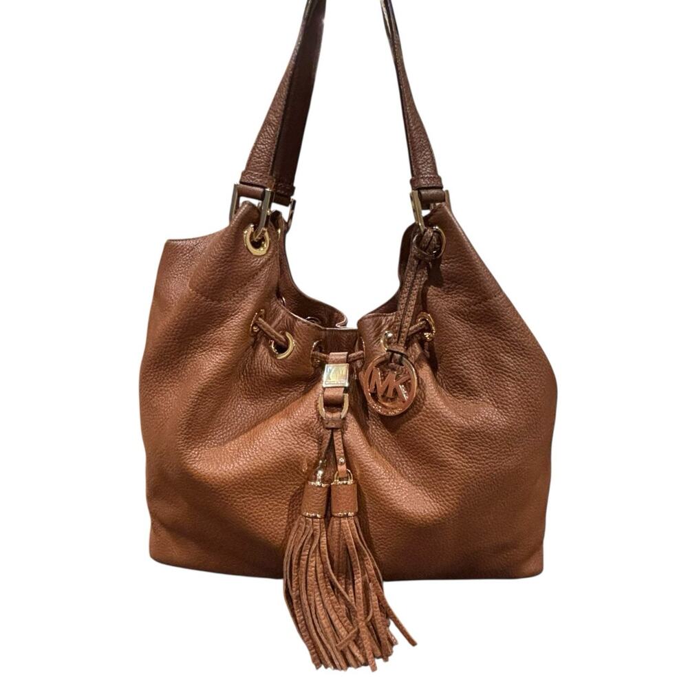 Michael Kors Camden Luggage Brown Drawstring Hobo Bag Fringe Tassel Gold NWOT - Picture 6 of 15